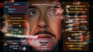 Identity:
Name: Muhammad Imam
Affiliation: UNISSULA
Home: Jawa Tengah
SINTA:
Score: 55.67
Rank: 213 National
Area of Interest:
Electrical Engineering,
Robotics
SCOPUS:
Documents: 150
H-Index: 21
Journal Article: 120
Connecting to SINTA ………………..
Intelectual Property Right:
Patent: 4
Copyright: 21
Book: 3
Teaching:
Artificial Intelligence
Data Mining
Machine Learning
Thesis Supervising:
Plagiarism Detection
Using Machine Learning
……
Publication Interest:
Electrical Engineering,
Computer Science
Mathematics
Academic Integrity:
Clean
 