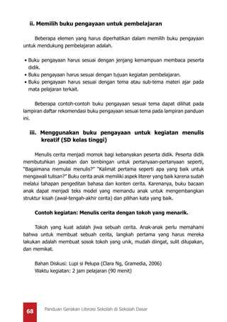 68 Panduan Gerakan Literasi Sekolah di Sekolah Dasar
ii.	Memilih buku pengayaan untuk pembelajaran
Beberapa elemen yang harus diperhatikan dalam memilih buku pengayaan
untuk mendukung pembelajaran adalah.
•	Buku pengayaan harus sesuai dengan jenjang kemampuan membaca peserta
didik.
•	Buku pengayaan harus sesuai dengan tujuan kegiatan pembelajaran.
•	Buku pengayaan harus sesuai dengan tema atau sub-tema materi ajar pada
mata pelajaran terkait.
Beberapa contoh-contoh buku pengayaan sesuai tema dapat dilihat pada
lampiran daftar rekomendasi buku pengayaan sesuai tema pada lampiran panduan
ini.
iii. Menggunakan buku pengayaan untuk kegiatan menulis
	 kreatif (SD kelas tinggi)
Menulis cerita menjadi momok bagi kebanyakan peserta didik. Peserta didik
membutuhkan jawaban dan bimbingan untuk pertanyaan-pertanyaan seperti,
“Bagaimana memulai menulis?” “Kalimat pertama seperti apa yang baik untuk
mengawali tulisan?” Buku cerita anak memiliki aspek literer yang baik karena sudah
melalui tahapan pengeditan bahasa dan konten cerita. Karenanya, buku bacaan
anak dapat menjadi teks model yang memandu anak untuk mengembangkan
struktur kisah (awal-tengah-akhir cerita) dan pilihan kata yang baik.
Contoh kegiatan: Menulis cerita dengan tokoh yang menarik.
Tokoh yang kuat adalah jiwa sebuah cerita. Anak-anak perlu memahami
bahwa untuk membuat sebuah cerita, langkah pertama yang harus mereka
lakukan adalah membuat sosok tokoh yang unik, mudah diingat, sulit dilupakan,
dan memikat.
Bahan Diskusi: Lupi si Pelupa (Clara Ng, Gramedia, 2006)
Waktu kegiatan: 2 jam pelajaran (90 menit)
 