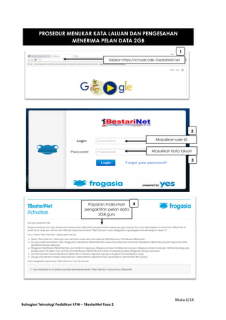 Muka 6/14
Bahagian Teknologi Pedidikan KPM – 1BestariNet Fasa 2
PROSEDUR MENUKAR KATA LALUAN DAN PENGESAHAN
MENERIMA PELAN DATA 2GB
Masukkan user ID
sekolah
2
Masukkan kata laluan
3
1
Taipkan https://schoolcode.1bestarinet.net
Paparan makluman
pengaktifan pelan data
2GB guru
4
3
 