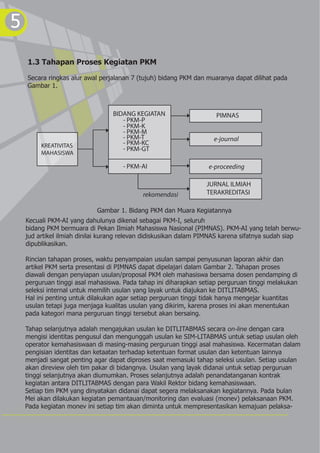 5
    1.3 Tahapan Proses Kegiatan PKM

    Secara ringkas alur awal perjalanan 7 (tujuh) bidang PKM dan muaranya dapat dilihat pada
    Gambar 1.



                                 BIDANG KEGIATAN                     PIMNAS
                                    - PKM-P
                                    - PKM-K
                                    - PKM-M
                                    - PKM-T                         e-journal
         KREATIVITAS                - PKM-KC
                                    - PKM-GT
         MAHASISWA

                                     - PKM-AI                     e-proceeding

                                                                 JURNAL ILMIAH
                                            rekomendasi          TERAKREDITASI

                            Gambar 1. Bidang PKM dan Muara Kegiatannya
    Kecuali PKM-AI yang dahulunya dikenal sebagai PKM-I, seluruh
    bidang PKM bermuara di Pekan Ilmiah Mahasiswa Nasional (PIMNAS). PKM-AI yang telah berwu-
    jud artikel ilmiah dinilai kurang relevan didiskusikan dalam PIMNAS karena sifatnya sudah siap
    dipublikasikan.

    Rincian tahapan proses, waktu penyampaian usulan sampai penyusunan laporan akhir dan
    artikel PKM serta presentasi di PIMNAS dapat dipelajari dalam Gambar 2. Tahapan proses
    diawali dengan penyiapan usulan/proposal PKM oleh mahasiswa bersama dosen pendamping di
    perguruan tinggi asal mahasiswa. Pada tahap ini diharapkan setiap perguruan tinggi melakukan
    seleksi internal untuk memilih usulan yang layak untuk diajukan ke DITLITABMAS.
    Hal ini penting untuk dilakukan agar setiap perguruan tinggi tidak hanya mengejar kuantitas
    usulan tetapi juga menjaga kualitas usulan yang dikirim, karena proses ini akan menentukan
    pada kategori mana perguruan tinggi tersebut akan bersaing.

    Tahap selanjutnya adalah mengajukan usulan ke DITLITABMAS secara on-line dengan cara
    mengisi identitas pengusul dan mengunggah usulan ke SIM-LITABMAS untuk setiap usulan oleh
    operator kemahasiswaan di masing-masing perguruan tinggi asal mahasiswa. Kecermatan dalam
    pengisian identitas dan ketaatan terhadap ketentuan format usulan dan ketentuan lainnya
    menjadi sangat penting agar dapat diproses saat memasuki tahap seleksi usulan. Setiap usulan
    akan direview oleh tim pakar di bidangnya. Usulan yang layak didanai untuk setiap perguruan
    tinggi selanjutnya akan diumumkan. Proses selanjutnya adalah penandatanganan kontrak
    kegiatan antara DITLITABMAS dengan para Wakil Rektor bidang kemahasiswaan.
    Setiap tim PKM yang dinyatakan didanai dapat segera melaksanakan kegiatannya. Pada bulan
    Mei akan dilakukan kegiatan pemantauan/monitoring dan evaluasi (monev) pelaksanaan PKM.
    Pada kegiatan monev ini setiap tim akan diminta untuk mempresentasikan kemajuan pelaksa-
 