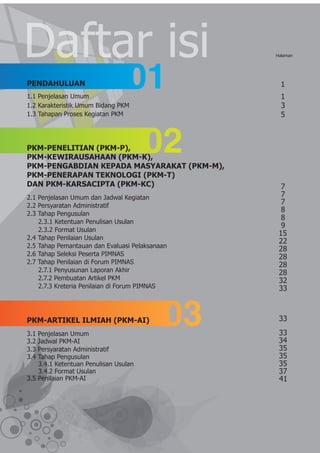 Daftar isi                                      Halaman




PENDAHULUAN
1.1 Penjelasan Umum
1.2 Karakteristik Umum Bidang PKM
1.3 Tahapan Proses Kegiatan PKM




PKM-PENELITIAN (PKM-P),
PKM-KEWIRAUSAHAAN (PKM-K),
PKM-PENGABDIAN KEPADA MASYARAKAT (PKM-M),
PKM-PENERAPAN TEKNOLOGI (PKM-T)
DAN PKM-KARSACIPTA (PKM-KC)
2.1 Penjelasan Umum dan Jadwal Kegiatan
2.2 Persyaratan Administratif
2.3 Tahap Pengusulan
    2.3.1 Ketentuan Penulisan Usulan
    2.3.2 Format Usulan
2.4 Tahap Penilaian Usulan
2.5 Tahap Pemantauan dan Evaluasi Pelaksanaan
2.6 Tahap Seleksi Peserta PIMNAS
2.7 Tahap Penilaian di Forum PIMNAS
    2.7.1 Penyusunan Laporan Akhir
    2.7.2 Pembuatan Artikel PKM
    2.7.3 Kreteria Penilaian di Forum PIMNAS




PKM-ARTIKEL ILMIAH (PKM-AI)
3.1 Penjelasan Umum
3.2 Jadwal PKM-AI
3.3 Persyaratan Administratif
3.4 Tahap Pengusulan
    3.4.1 Ketentuan Penulisan Usulan
    3.4.2 Format Usulan
3.5 Penilaian PKM-AI
 