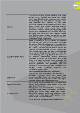 program kreativitas mahasiswa 2012
                                                                                                        44
                       Judul dari bab ini untuk kegiatan penelitian dapat diganti
                       dengan Metode Penelitian atau Bahan dan Metode,
                       namun dapat diberi judul lain bergantung pada kegiatan
                       dan metodologi yang telah dilakukan sehingga penulis
                       diberi kebebasan untuk memberi judul lain seperti
                       Pendekatan Teoritik atau Konsideran Percobaan. Secara
                       umum, metode berisi tentang bagaimana observasi
METODE
                       dilakukan termasuk waktu, lama, dan tempat
                       dilakukannya observasi, bahan dan alat yang digunakan,
                       metode untuk memperoleh data/informasi, serta cara
                       pengolahan data dan analisis yang dilakukan. Metode
                       harus dijelaskan secara lengkap agar peneliti lain dapat
                       melakukan uji coba ulang. Acuan (referensi) diberikan
                       pada metode yang kurang dikenal.
                       Bagian ini menjelaskan tentang apa saja yang diperoleh
                       dari observasi. Data dapat diringkas dalam bentuk tabel
                       dan gambar. Tidak ada spekulasi dan interpretasi dalam
                       bagian ini, yang ada hanya fakta. Umumnya berisi uraian
                       dan analisis berkaitan dengan temuan-temuan dari
                       observasi yang telah dilakukan, terutama dalam konteks
                       yang berhubungan dengan apa yang pernah dilakukan
                       oleh orang lain. Interpretasi dan ketajaman analisis dari
                       penulis terhadap hasil yang diperoleh dikemukakan di
HASIL DAN PEMBAHASAN   sini, termasuk pembahasan tentang pertanyaan-
                       pertanyaan yang timbul dari hasil observasi serta dugaan
                       ilmiah yang dapat bermanfaat untuk kelanjutan bagi
                       penelitian mendatang. Pemecahan masalah yang berhasil
                       dilakukan, perbedaan dan persamaan dari hasil
                       pengamatan terhadap informasi yang ditemukan dalam
                       berbagai     pustaka     (penelitian  terdahulu)     perlu
                       mendapatkan catatan disini.
                       Hasil dan Pembahasan handaknya menjadi satu
                       kesatuan, dan tidak dipisah menjadi subbab tersendiri.
                       Kesimpulan merupakan bagian akhir tulisan yang
                       membawa pembaca keluar dari pembahasan. Secara
KESIMPULAN
                       umum kesimpulan menunjukkan jawaban atas tujuan
                       yang telah dikemukakan dalam pendahuluan
                       Apabila memang ada pihak yang telah membantu dalam
Ucapan Terima Kasih    kegiatan yang dilakukan, maka ucapan terima kasih
                       dapat disampaikan di sini.
                       Daftar pustaka berisi informasi tentang sumber pustaka
                       yang telah dirujuk dalam tubuh tulisan. Untuk setiap
                       pustaka yang dirujuk dalam naskah harus muncul
DAFTAR PUSTAKA         dalam daftar pustaka, begitu juga sebaliknya setiap
                       pustaka yang muncul dalam daftar pustaka harus
                       pernah dirujuk dalam tubuh tulisan.
                       Format perujukan pustaka mengikuti HARVARD style
                                                                     .
 