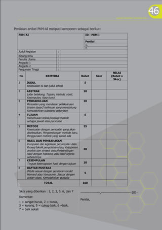 program kreativitas mahasiswa 2012
                                                                                                                                46
Penilaian artikel PKM-AI meliputi komponen sebagai berikut:
   PKM-AI                                                      ID - PKMI :

                                                               Penilai
                                                               1.
                                                               2.
   Judul Kegiatan                            :
   Bidang Ilmu                               :
   Penulis Utama                             :
   Anggota 1                                 :
   Anggota 2                                 :
   Perguruan Tinggi                          :
                                                                                       NILAI
   No                           KRITERIA                   Bobot         Skor         (Bobot x
                                                                                       Skor)
   1       JUDUL                                              5
           kesesuaian isi dan judul artikel
   2       ABSTRAK                                           10
           Latar belakang, Tujuan, Metode, Hasil,
           Kesimpulan, Kata kunci
   3       PENDAHULUAN                                       10
           Persoalan yang mendasari pelaksanaan
           Uraian dasar2 keilmuan yang mendukung
           Kemutakhiran substansi pekerjaan
   4       TUJUAN                                             5
           Menemukan teknik/konsep/metode
           sebagai jawab atas persoalan
   5       METODE                                            25
           Kesesuaian dengan persoalan yang akan
           diselesaikan, Pengembangan metode baru,
           Penggunaan metode yang sudah ada
   6       HASIL DAN PEMBAHASAN
           Kumpulan dan kejelasan penampilan data
           Proses/teknik pengolahan data, Ketajaman
                                                             30
           analisis dan sintesis data,Perbandingan
           hasil dengan hipotesis atau hasil sejenis
           sebelumnya
   7       KESIMPULAN
           Tingkat ketercapaian hasil dengan tujuan          10

   8       DAFTAR PUSTAKA
           Ditulis sesuai dengan peraturan model
                                                              5
           Harvard atau Vancouver, Sesuai dengan
           uraian sitasi, Kemutakhiran pustaka
                              TOTAL                         100


   Skor yang diberikan : 1, 2, 3, 5, 6, dan 7              ------------------,----------------------------201-
   Komentar:
                                                           Penilai,
   1 = sangat buruk, 2 = buruk,
   3 = kurang, 5 = cukup baik, 6 =baik,
   7 = baik sekali


   .....................................................
 