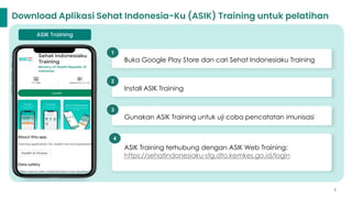 2
Download Aplikasi Sehat Indonesia-Ku (ASIK) Training untuk pelatihan
Buka Google Play Store dan cari Sehat Indonesiaku Training
ASIK Training
Install ASIK Training
Gunakan ASIK Training untuk uji coba pencatatan imunisasi
ASIK Training terhubung dengan ASIK Web Training:
https://sehatindonesiaku-stg.dto.kemkes.go.id/login
1
2
3
4
 