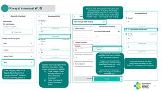 21
Riwayat imunisasi WUS
2
Data riwayat pada WUS
dapat digunakan untuk
mengisi status T terakhir
WUS / Skrining status T.
Apabila saat kunjungan WUS
diberikan imunisasi, maka
urutan pengisiannya adalah:
1) Catat riwayat / hasil
skrining status T di
menu “Riwayat
Imunisasi” ;
2) Catat imunisasi di
menu “Imunisasi
Rutin”
Data sudah tersimpan, dan akan
menunjukkan hasil seperti di atas:
Status T2 - berdasarkan skrining Nakes.
Khusus untuk WUS yang memang dilakukan
screening status T. Apabila, WUS tidak
mengingat detail penyuntikan namun dapat
ditentukan bahwa status T nya, maka dapat
memilih kotak → data riwayat tidak lengkap.
Tanggal wajib diisi untuk dapat
menginput pada menu “imunisasi
rutin” (pencatatan langsung).
Tanggal yang diisi pada hasil
skrining dengan checklist riwayat
tidak lengkap adalah: tgl 1 tahun
sebelum hari ini.
Contoh hari ini 17 September
2022, maka tanggal ini adalah 17
September 2021
 