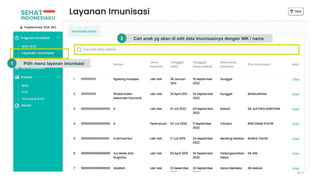 25
Pilih menu layanan imunisasi
1
Cari anak yg akan di edit data imunisasinya dengan NIK / nama
2
 