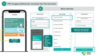 Pilih tanggal pelaksanaan imunisasi dan Pos Imunisasi
8
1
Pilih menu
Imunisasi
Rutin
Mulai aktivitas
2
Tanggal
backdate
bisa
digunakan
apabila
pencatatan
hari tersebut
belum
selesai
Apabila Pos Imunisasi tidak
ditemukan, maka laporkan
 
