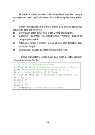 24
Perhatikan bahwa matriks xi berisi replikasi baris dari array x
sedangkan yi berisi replika kolom y. Nilai z dihitung dari array xi dan
yi.
Untuk menggunakan perintah mesh dan meshc sebaiknya
digunakan cara di bawah ini:
1) Definisikan batas-batas nilai x dan y yang akan diplot.
2) Gunakan perintah meshgrid untuk “mengisi” bidang-XY
dengan jalinan titik.
3) Hitunglah fungsi 3-dimensi untuk jalinan titik tersebut atau
tentukan fungsi z.
4) Buatlah plot dengan perintah mesh atau meshc.
Untuk mengetahu fungsi mesh dan mesh c, ketik perintah
dibawah ini dalam M-file.
% Contoh plot menggunakan mesh
x=-2*pi:0.1:2*pi;% mendefinisikan batas nilai x
y=x;% mendefinisikan batas-batas nilai y
[x,y] = meshgrid(-2*pi:0.1:2*pi);
z = sin(x).*cos(y); % mendefinisikan fungsi 3-D
mesh(x,y,z)
xlabel('x')
ylabel('y')
zlabel('z')
colormap(jet) % memberikan pola warna
 