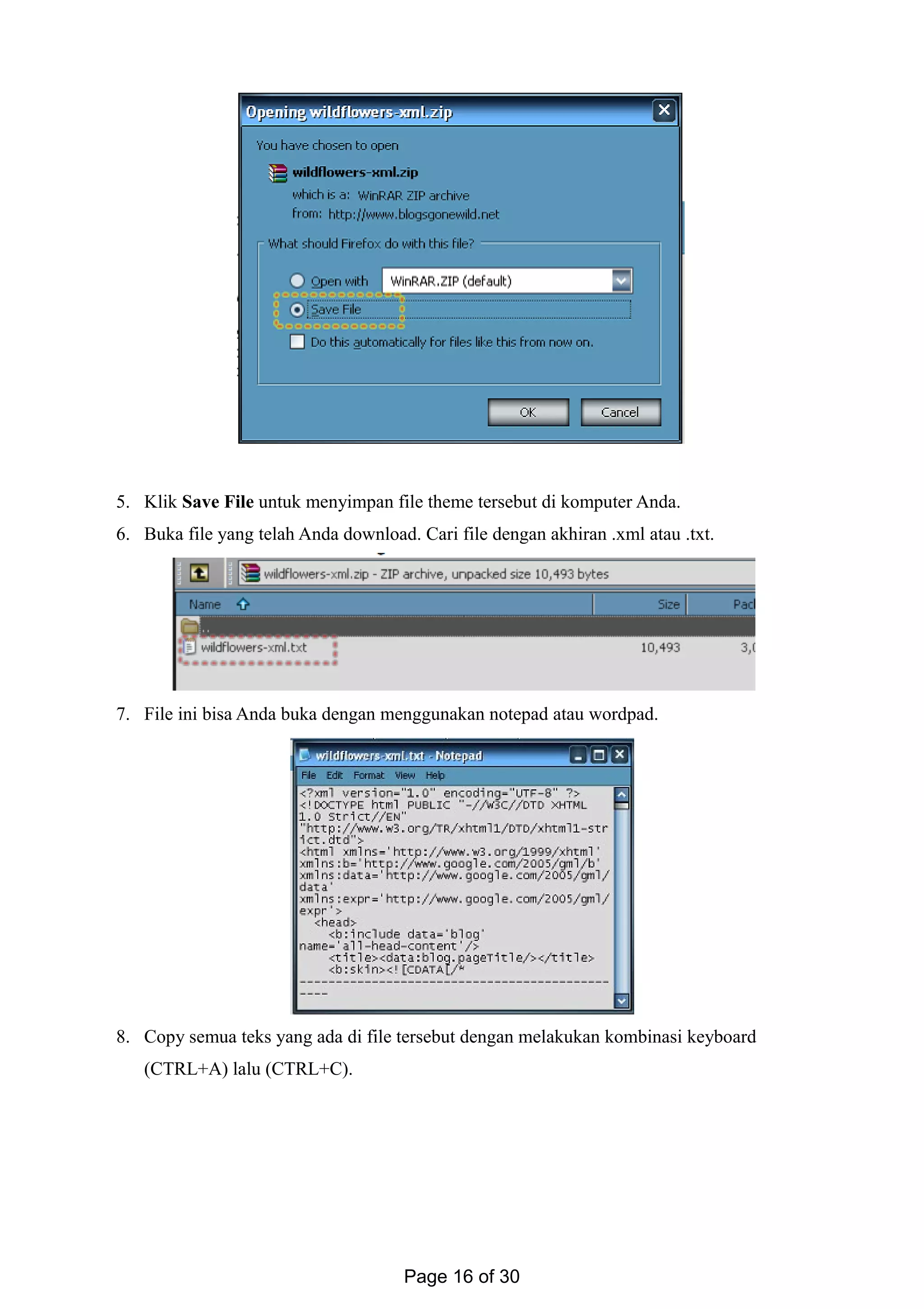 5. Klik Save File untuk menyimpan file theme tersebut di komputer Anda.
6. Buka file yang telah Anda download. Cari file dengan akhiran .xml atau .txt.
7. File ini bisa Anda buka dengan menggunakan notepad atau wordpad.
8. Copy semua teks yang ada di file tersebut dengan melakukan kombinasi keyboard
(CTRL+A) lalu (CTRL+C).
Page 16 of 30
 