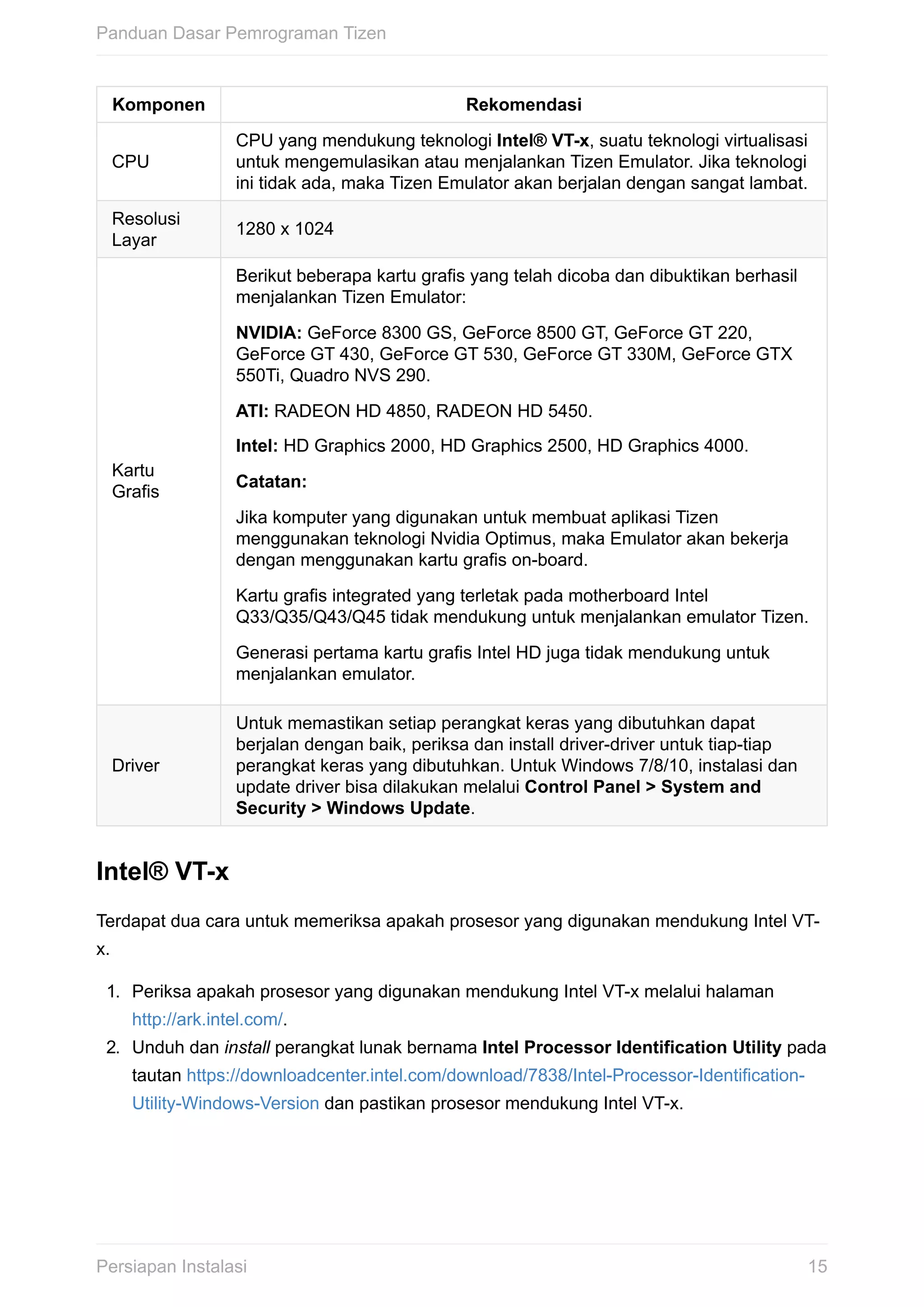 Komponen Rekomendasi
CPU
CPU	yang	mendukung	teknologi	Intel®	VT-x,	suatu	teknologi	virtualisasi
untuk	mengemulasikan	atau	menjalankan	Tizen	Emulator.	Jika	teknologi
ini	tidak	ada,	maka	Tizen	Emulator	akan	berjalan	dengan	sangat	lambat.
Resolusi
Layar
1280	x	1024
Kartu
Grafis
Berikut	beberapa	kartu	grafis	yang	telah	dicoba	dan	dibuktikan	berhasil
menjalankan	Tizen	Emulator:
NVIDIA:	GeForce	8300	GS,	GeForce	8500	GT,	GeForce	GT	220,
GeForce	GT	430,	GeForce	GT	530,	GeForce	GT	330M,	GeForce	GTX
550Ti,	Quadro	NVS	290.
ATI:	RADEON	HD	4850,	RADEON	HD	5450.
Intel:	HD	Graphics	2000,	HD	Graphics	2500,	HD	Graphics	4000.
Catatan:
Jika	komputer	yang	digunakan	untuk	membuat	aplikasi	Tizen
menggunakan	teknologi	Nvidia	Optimus,	maka	Emulator	akan	bekerja
dengan	menggunakan	kartu	grafis	on-board.
Kartu	grafis	integrated	yang	terletak	pada	motherboard	Intel
Q33/Q35/Q43/Q45	tidak	mendukung	untuk	menjalankan	emulator	Tizen.
Generasi	pertama	kartu	grafis	Intel	HD	juga	tidak	mendukung	untuk
menjalankan	emulator.
Driver
Untuk	memastikan	setiap	perangkat	keras	yang	dibutuhkan	dapat
berjalan	dengan	baik,	periksa	dan	install	driver-driver	untuk	tiap-tiap
perangkat	keras	yang	dibutuhkan.	Untuk	Windows	7/8/10,	instalasi	dan
update	driver	bisa	dilakukan	melalui	Control	Panel	>	System	and
Security	>	Windows	Update.
Intel®	VT-x
Terdapat	dua	cara	untuk	memeriksa	apakah	prosesor	yang	digunakan	mendukung	Intel	VT-
x.
1.	 Periksa	apakah	prosesor	yang	digunakan	mendukung	Intel	VT-x	melalui	halaman
http://ark.intel.com/.
2.	 Unduh	dan	install	perangkat	lunak	bernama	Intel	Processor	Identification	Utility	pada
tautan	https://downloadcenter.intel.com/download/7838/Intel-Processor-Identification-
Utility-Windows-Version	dan	pastikan	prosesor	mendukung	Intel	VT-x.
Panduan	Dasar	Pemrograman	Tizen
15Persiapan	Instalasi
 