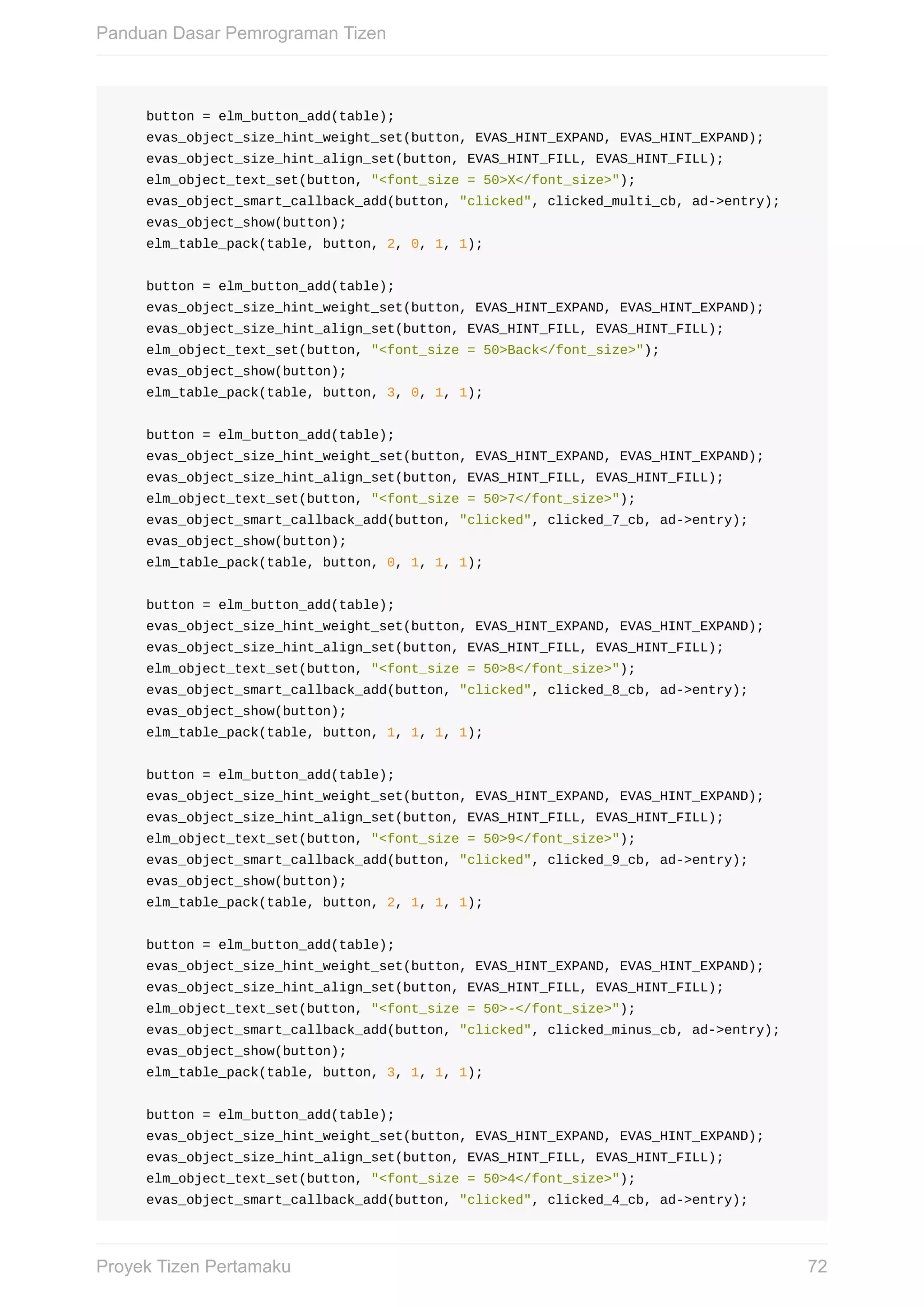 button	=	elm_button_add(table);
				evas_object_size_hint_weight_set(button,	EVAS_HINT_EXPAND,	EVAS_HINT_EXPAND);
				evas_object_size_hint_align_set(button,	EVAS_HINT_FILL,	EVAS_HINT_FILL);
				elm_object_text_set(button,	"<font_size	=	50>X</font_size>");
				evas_object_smart_callback_add(button,	"clicked",	clicked_multi_cb,	ad->entry);
				evas_object_show(button);
				elm_table_pack(table,	button,	2,	0,	1,	1);
				button	=	elm_button_add(table);
				evas_object_size_hint_weight_set(button,	EVAS_HINT_EXPAND,	EVAS_HINT_EXPAND);
				evas_object_size_hint_align_set(button,	EVAS_HINT_FILL,	EVAS_HINT_FILL);
				elm_object_text_set(button,	"<font_size	=	50>Back</font_size>");
				evas_object_show(button);
				elm_table_pack(table,	button,	3,	0,	1,	1);
				button	=	elm_button_add(table);
				evas_object_size_hint_weight_set(button,	EVAS_HINT_EXPAND,	EVAS_HINT_EXPAND);
				evas_object_size_hint_align_set(button,	EVAS_HINT_FILL,	EVAS_HINT_FILL);
				elm_object_text_set(button,	"<font_size	=	50>7</font_size>");
				evas_object_smart_callback_add(button,	"clicked",	clicked_7_cb,	ad->entry);
				evas_object_show(button);
				elm_table_pack(table,	button,	0,	1,	1,	1);
				button	=	elm_button_add(table);
				evas_object_size_hint_weight_set(button,	EVAS_HINT_EXPAND,	EVAS_HINT_EXPAND);
				evas_object_size_hint_align_set(button,	EVAS_HINT_FILL,	EVAS_HINT_FILL);
				elm_object_text_set(button,	"<font_size	=	50>8</font_size>");
				evas_object_smart_callback_add(button,	"clicked",	clicked_8_cb,	ad->entry);
				evas_object_show(button);
				elm_table_pack(table,	button,	1,	1,	1,	1);
				button	=	elm_button_add(table);
				evas_object_size_hint_weight_set(button,	EVAS_HINT_EXPAND,	EVAS_HINT_EXPAND);
				evas_object_size_hint_align_set(button,	EVAS_HINT_FILL,	EVAS_HINT_FILL);
				elm_object_text_set(button,	"<font_size	=	50>9</font_size>");
				evas_object_smart_callback_add(button,	"clicked",	clicked_9_cb,	ad->entry);
				evas_object_show(button);
				elm_table_pack(table,	button,	2,	1,	1,	1);
				button	=	elm_button_add(table);
				evas_object_size_hint_weight_set(button,	EVAS_HINT_EXPAND,	EVAS_HINT_EXPAND);
				evas_object_size_hint_align_set(button,	EVAS_HINT_FILL,	EVAS_HINT_FILL);
				elm_object_text_set(button,	"<font_size	=	50>-</font_size>");
				evas_object_smart_callback_add(button,	"clicked",	clicked_minus_cb,	ad->entry);
				evas_object_show(button);
				elm_table_pack(table,	button,	3,	1,	1,	1);
				button	=	elm_button_add(table);
				evas_object_size_hint_weight_set(button,	EVAS_HINT_EXPAND,	EVAS_HINT_EXPAND);
				evas_object_size_hint_align_set(button,	EVAS_HINT_FILL,	EVAS_HINT_FILL);
				elm_object_text_set(button,	"<font_size	=	50>4</font_size>");
				evas_object_smart_callback_add(button,	"clicked",	clicked_4_cb,	ad->entry);
Panduan	Dasar	Pemrograman	Tizen
72Proyek	Tizen	Pertamaku
 