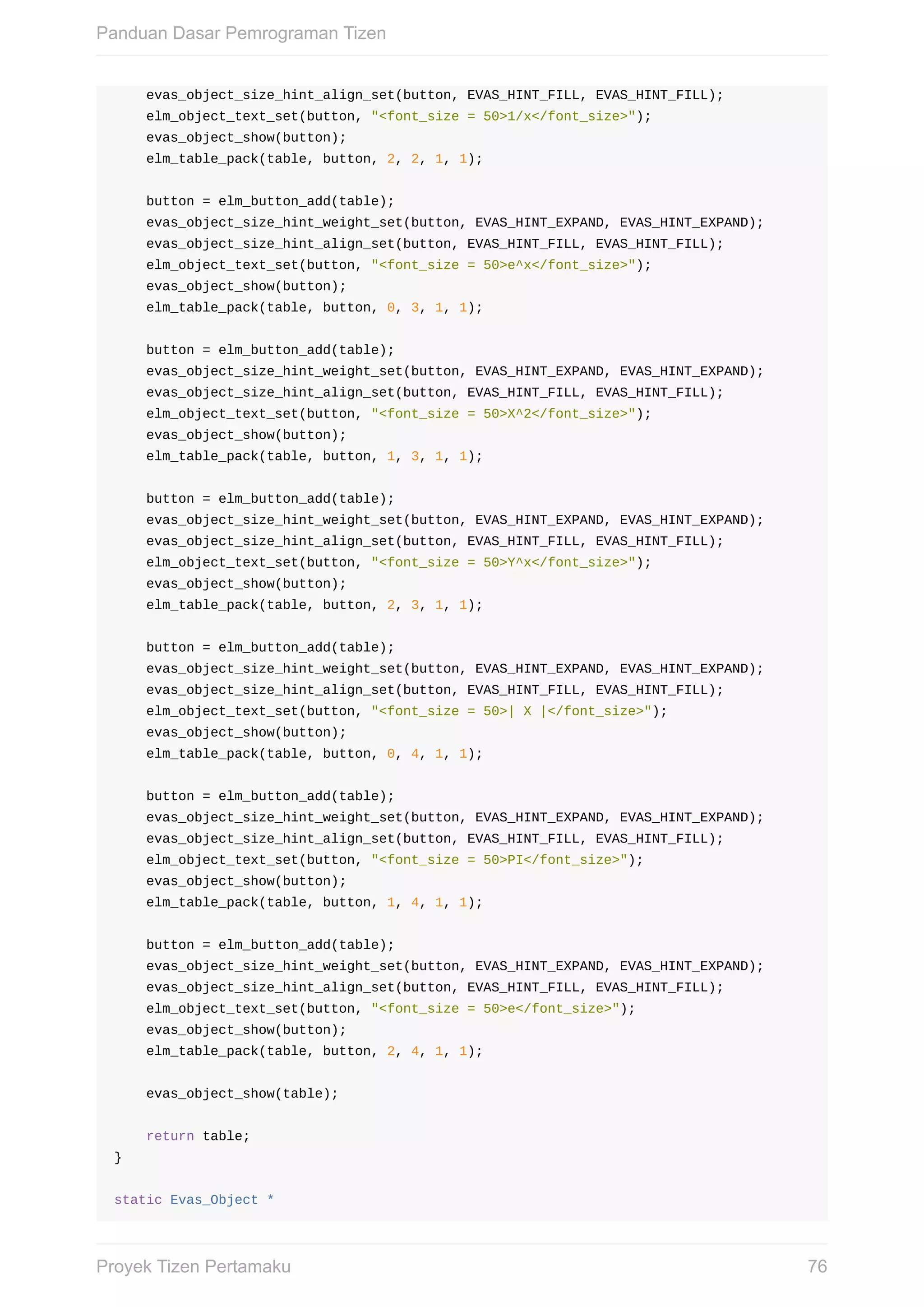 evas_object_size_hint_align_set(button,	EVAS_HINT_FILL,	EVAS_HINT_FILL);
				elm_object_text_set(button,	"<font_size	=	50>1/x</font_size>");
				evas_object_show(button);
				elm_table_pack(table,	button,	2,	2,	1,	1);
				button	=	elm_button_add(table);
				evas_object_size_hint_weight_set(button,	EVAS_HINT_EXPAND,	EVAS_HINT_EXPAND);
				evas_object_size_hint_align_set(button,	EVAS_HINT_FILL,	EVAS_HINT_FILL);
				elm_object_text_set(button,	"<font_size	=	50>e^x</font_size>");
				evas_object_show(button);
				elm_table_pack(table,	button,	0,	3,	1,	1);
				button	=	elm_button_add(table);
				evas_object_size_hint_weight_set(button,	EVAS_HINT_EXPAND,	EVAS_HINT_EXPAND);
				evas_object_size_hint_align_set(button,	EVAS_HINT_FILL,	EVAS_HINT_FILL);
				elm_object_text_set(button,	"<font_size	=	50>X^2</font_size>");
				evas_object_show(button);
				elm_table_pack(table,	button,	1,	3,	1,	1);
				button	=	elm_button_add(table);
				evas_object_size_hint_weight_set(button,	EVAS_HINT_EXPAND,	EVAS_HINT_EXPAND);
				evas_object_size_hint_align_set(button,	EVAS_HINT_FILL,	EVAS_HINT_FILL);
				elm_object_text_set(button,	"<font_size	=	50>Y^x</font_size>");
				evas_object_show(button);
				elm_table_pack(table,	button,	2,	3,	1,	1);
				button	=	elm_button_add(table);
				evas_object_size_hint_weight_set(button,	EVAS_HINT_EXPAND,	EVAS_HINT_EXPAND);
				evas_object_size_hint_align_set(button,	EVAS_HINT_FILL,	EVAS_HINT_FILL);
				elm_object_text_set(button,	"<font_size	=	50>|	X	|</font_size>");
				evas_object_show(button);
				elm_table_pack(table,	button,	0,	4,	1,	1);
				button	=	elm_button_add(table);
				evas_object_size_hint_weight_set(button,	EVAS_HINT_EXPAND,	EVAS_HINT_EXPAND);
				evas_object_size_hint_align_set(button,	EVAS_HINT_FILL,	EVAS_HINT_FILL);
				elm_object_text_set(button,	"<font_size	=	50>PI</font_size>");
				evas_object_show(button);
				elm_table_pack(table,	button,	1,	4,	1,	1);
				button	=	elm_button_add(table);
				evas_object_size_hint_weight_set(button,	EVAS_HINT_EXPAND,	EVAS_HINT_EXPAND);
				evas_object_size_hint_align_set(button,	EVAS_HINT_FILL,	EVAS_HINT_FILL);
				elm_object_text_set(button,	"<font_size	=	50>e</font_size>");
				evas_object_show(button);
				elm_table_pack(table,	button,	2,	4,	1,	1);
				evas_object_show(table);
				return	table;
}
static	Evas_Object	*
Panduan	Dasar	Pemrograman	Tizen
76Proyek	Tizen	Pertamaku
 