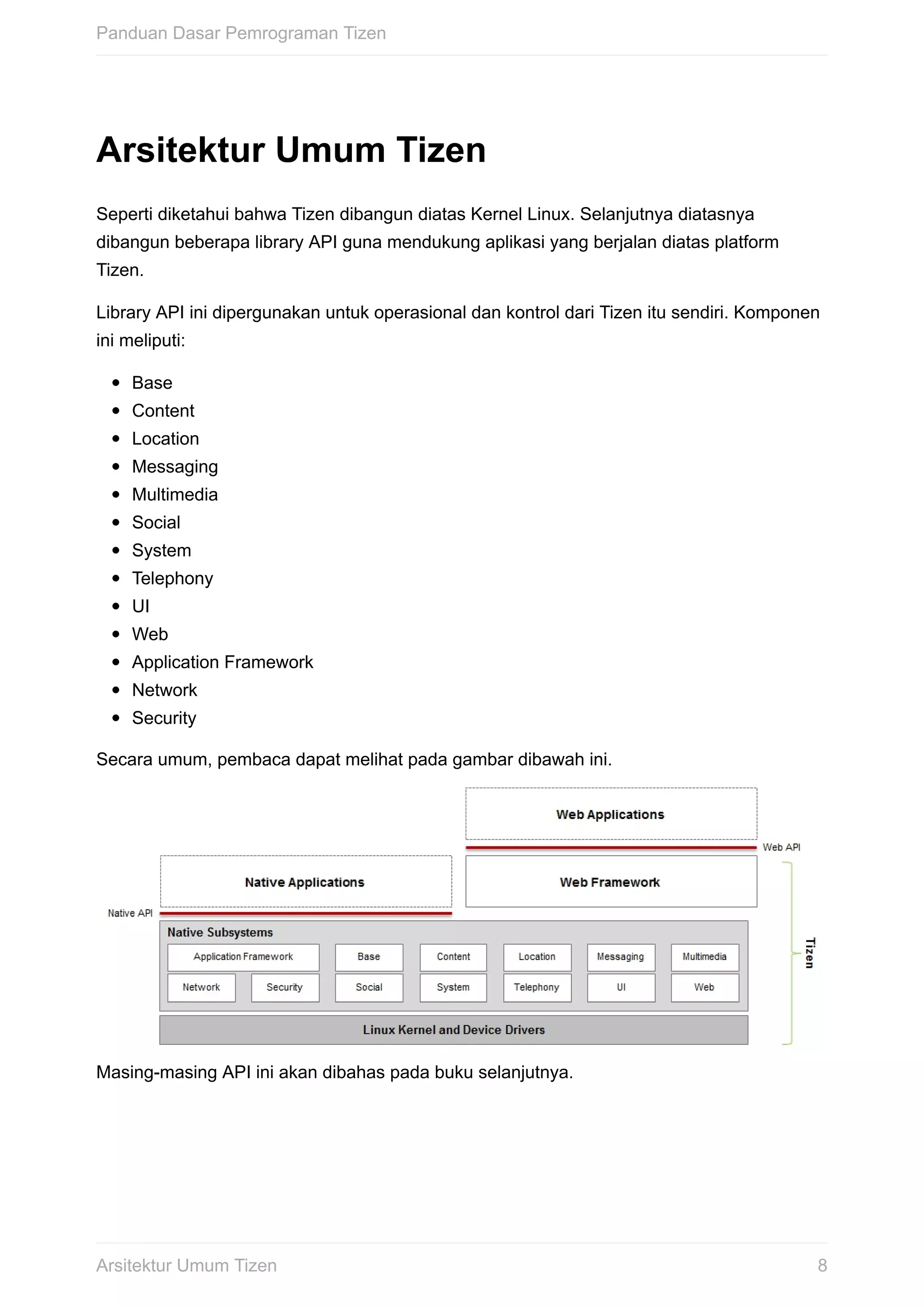 Arsitektur	Umum	Tizen
Seperti	diketahui	bahwa	Tizen	dibangun	diatas	Kernel	Linux.	Selanjutnya	diatasnya
dibangun	beberapa	library	API	guna	mendukung	aplikasi	yang	berjalan	diatas	platform
Tizen.
Library	API	ini	dipergunakan	untuk	operasional	dan	kontrol	dari	Tizen	itu	sendiri.	Komponen
ini	meliputi:
Base
Content
Location
Messaging
Multimedia
Social
System
Telephony
UI
Web
Application	Framework
Network
Security
Secara	umum,	pembaca	dapat	melihat	pada	gambar	dibawah	ini.
Masing-masing	API	ini	akan	dibahas	pada	buku	selanjutnya.
Panduan	Dasar	Pemrograman	Tizen
8Arsitektur	Umum	Tizen
 