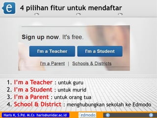 Haris K, S.Pd. M.Cs haris@unidar.ac.id
4 pilihan fitur untuk mendaftar
1. I’m a Teacher : untuk guru
2. I’m a Student : untuk murid
3. I’m a Parent : untuk orang tua
4. School & District : menghubungkan sekolah ke Edmodo
 