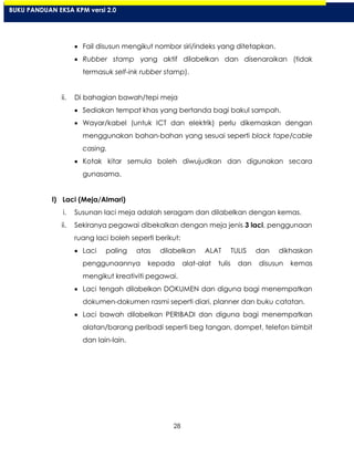 28
Fail disusun mengikut nombor siri/indeks yang ditetapkan.
Rubber stamp yang aktif dilabelkan dan disenaraikan (tidak
termasuk self-ink rubber stamp).
ii. Di bahagian bawah/tepi meja
Sediakan tempat khas yang bertanda bagi bakul sampah.
Wayar/kabel (untuk ICT dan elektrik) perlu dikemaskan dengan
menggunakan bahan-bahan yang sesuai seperti black tape/cable
casing.
Kotak kitar semula boleh diwujudkan dan digunakan secara
gunasama.
l) Laci (Meja/Almari)
i. Susunan laci meja adalah seragam dan dilabelkan dengan kemas.
ii. Sekiranya pegawai dibekalkan dengan meja jenis 3 laci, penggunaan
ruang laci boleh seperti berikut:
Laci paling atas dilabelkan ALAT TULIS dan dikhaskan
penggunaannya kepada alat-alat tulis dan disusun kemas
mengikut kreativiti pegawai.
Laci tengah dilabelkan DOKUMEN dan diguna bagi menempatkan
dokumen-dokumen rasmi seperti diari, planner dan buku catatan.
Laci bawah dilabelkan PERIBADI dan diguna bagi menempatkan
alatan/barang peribadi seperti beg tangan, dompet, telefon bimbit
dan lain-lain.
BUKU PANDUAN EKSA KPM versi 2.0
 
