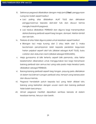 29
iii. Sekiranya pegawai dibekalkan dengan meja jenis 2 laci, penggunaan
ruang laci boleh seperti berikut:
Laci paling atas dilabelkan ALAT TULIS dan dikhaskan
penggunaannya kepada alat-alat tulis dan disusun kemas
mengikut kreativiti pegawai.
Laci kedua dilabelkan PERIBADI dan diguna bagi menempatkan
alatan/barang peribadi seperti beg tangan, dompet, telefon bimbit
dan lain-lain.
iv. Perkara di atas tidak diguna pakai untuk keadaan seperti berikut:
Bilangan laci meja kurang dari 2 atau lebih dari 3, maka
keutamaan penyimpanan ialah kepada peralatan kegunaan
harian pejabat seperti alat tulis (dilabel sebagai ALAT TULIS), buku
catatan dan dokumen rasmi (dilabel sebagai DOKUMEN).
v. Meja gunasama di bilik tertentu seperti bilik pemandu, atas faktor
keselamatan dibenarkan untuk menggunakan laci bagi menyimpan
barang peribadi dan semua laci yang ada pada meja tersebut perlu
dilabelkan sebagai PERIBADI.
vi. Barang-barang peribadi seperti beg tangan, payung perlu diletakkan
di dalam laci/almari ruangan peribadi atau tempat yang bersesuaian
dan disusun kemas.
vii. Pegawai hendaklah patuh kepada laci yang telah dilabel iaitu
barang yang berkaitan dengan urusan rasmi dan barang peribadi
tidak boleh bercampur.
viii. Almari pegawai mestilah dipastikan sentiasa berada di dalam
keadaan kemas, tersusun dan bersih.
BUKU PANDUAN EKSA KPM versi 2.0
 
