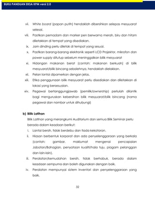 32
vii. White board (papan putih) hendaklah dibersihkan selepas mesyuarat
selesai.
viii. Pastikan pemadam dan marker pen berwarna merah, biru dan hitam
diletakkan di tempat yang disediakan.
ix. Jam dinding perlu diletak di tempat yang sesuai.
x. Pastikan barang-barang elektronik seperti LCD Projektor, mikrofon dan
power supply ditutup sebelum meninggalkan bilik mesyuarat
xi. Hidangan makanan berat (contoh: makanan berkuah) di bilik
mesyuarat/bilik bincang sebolehnya, hendaklah dielakkan.
xii. Pelan lantai dipamerkan dengan jelas.
xiii. Etika penggunaan bilik mesyuarat perlu disediakan dan diletakkan di
lokasi yang bersesuaian.
xiv. Pegawai bertanggungjawab (pemilik/ownership) perlulah dilantik
bagi menguruskan kebersihan bilik mesyuarat/bilik bincang (nama
pegawai dan nombor untuk dihubungi)
b) Bilik Latihan
Bilik Latihan yang merangkumi Auditorium dan semua Bilik Seminar perlu
berada dalam keadaan berikut:
i. Lantai bersih, tidak berdebu dan tiada kekotoran.
ii. Hiasan berbentuk korporat dan ada penyelenggaraan yang berkala
(contoh: gambar, maklumat mengenai pencapaian
Jabatan/Bahagian, penyataan kualiti/hala tuju, piagam pelanggan
dan lain-lain).
iii. Peralatan/kemudahan bersih, tidak berhabuk, berada dalam
keadaan sempurna dan boleh digunakan dengan baik.
iv. Peralatan mempunyai sistem inventori dan penyelenggaraan yang
baik.
BUKU PANDUAN EKSA KPM versi 2.0
 