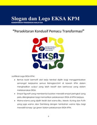 6
Slogan dan Logo EKSA KPM
KEMENTERIAN PENDIDIKAN MALAYSIA
“Persekitaran Kondusif Pemacu Transformasi”
Justifikasi Logo EKSA KPM:
Bentuk bulat bermotif alat kerja teknikal dipilih bagi menggambarkan
semangat kerjasama semua Bahagian/Unit di bawah KPM dalam
menghasilkan output yang lebih kreatif dan berinovasi yang dalam
melaksanakan EKSA.
Empat figuratif yang membentuk bulatan mewakili empat peringkat yang
perlu dilengkapkan bagi memastikan pelaksanaan EKSA di KPM berjaya.
Warna-warna yang dipilih terdiri dari warna Biru, Merah, Kuning dan Putih
yang juga warna Jalur Gemilang dengan tambahan warna hijau bagi
mewakili konsep ‘go green’dalam pelaksanaan EKSA KPM.
 