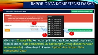 IMPOR DATA KOMPETENSI DASAR
Klik menu Choose File, kemudian pilih file data kompetensi dasar yang
akan di impor (data kompetensi SD balitbang/KD yang disederhanakan
secara mandiri), selanjutnya klik menu Upload dan Simpan Data
Kompetensi Dasar
1
2
3
 