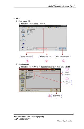 Modul Panduan Microsoft Excel
Bina Informasi Dan Teknologi (BIT)
MAN Lhokseumawe
Created By :Susandra
5
5. FILE
Menyimpan File
Klik Menu File Save / Save as
1 2 3
Membuka File
Klik Menu File Open Tentukan directory Pilih salah satu file
1
2
3
Ganti Directory Ketik Nama File Klik Save /Simpan
Ganti
Directory
Cari Nama
File
Klik Open
 
