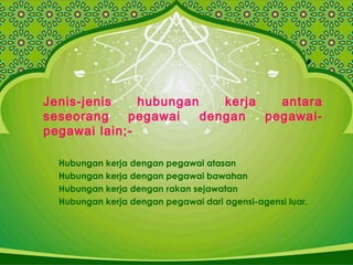 Jenis-jenis hubungan kerja antara
seseorang pegawai dengan pegawai-
pegawai lain;-
Hubungan kerja dengan pegawai atasan
Hubungan kerja dengan pegawai bawahan
Hubungan kerja dengan rakan sejawatan
Hubungan kerja dengan pegawai dari agensi-agensi luar.
 
