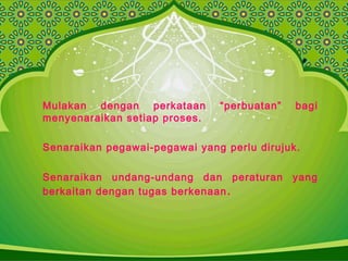 Mulakan dengan perkataan “perbuatan” bagi
menyenaraikan setiap proses.
Senaraikan pegawai-pegawai yang perlu dirujuk.
Senaraikan undang-undang dan peraturan yang
berkaitan dengan tugas berkenaan.
 