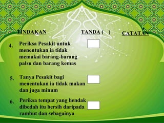 TINDAKAN TANDA ( ) CATATAN
4. Periksa Pesakit untuk
menentukan ia tidak
memakai barang-barang
palsu dan barang kemas
5. Tanya Pesakit bagi
menentukan ia tidak makan
dan juga minum
6. Periksa tempat yang hendak
dibedah itu bersih daripada
rambut dan sebagainya
 