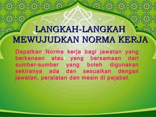 LANGKAH-LANGKAHLANGKAH-LANGKAH
MEWUJUDKAN NORMA KERJAMEWUJUDKAN NORMA KERJA
Dapatkan Norma kerja bagi jawatan yang
berkenaan atau yang bersamaan dari
sumber-sumber yang boleh digunakan
sekiranya ada dan sesuaikan dengan
jawatan, peralatan dan mesin di pejabat.
 