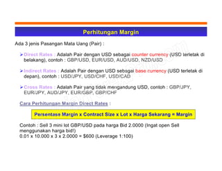 Perhitungan Margin
Ada 3 jenis Pasangan Mata Uang (Pair) :
Direct Rates : Adalah Pair dengan USD sebagai counter currency (USD terletak di
belakang), contoh : GBP/USD, EUR/USD, AUD/USD, NZD/USD
Indirect Rates : Adalah Pair dengan USD sebagai base currency (USD terletak di
depan), contoh : USD/JPY, USD/CHF, USD/CAD
Cross Rates : Adalah Pair yang tidak mengandung USD, contoh : GBP/JPY,
EUR/JPY, AUD/JPY, EUR/GBP, GBP/CHF
Cara Perhitungan Margin Direct Rates :
Persentase Margin x Contract Size x Lot x Harga Sekarang = Margin
Contoh : Sell 3 mini lot GBP/USD pada harga Bid 2.0000 (Ingat open Sell
menggunakan harga bid!)
0.01 x 10.000 x 3 x 2.0000 = $600 (Leverage 1:100)
 