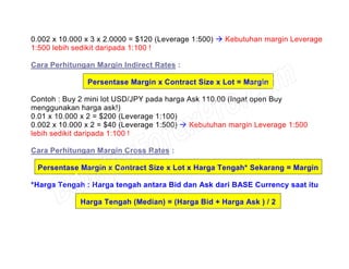 0.002 x 10.000 x 3 x 2.0000 = $120 (Leverage 1:500) Kebutuhan margin Leverage
1:500 lebih sedikit daripada 1:100 !
Cara Perhitungan Margin Indirect Rates :
Persentase Margin x Contract Size x Lot = Margin
Contoh : Buy 2 mini lot USD/JPY pada harga Ask 110.00 (Ingat open Buy
menggunakan harga ask!)
0.01 x 10.000 x 2 = $200 (Leverage 1:100)
0.002 x 10.000 x 2 = $40 (Leverage 1:500) Kebutuhan margin Leverage 1:500
lebih sedikit daripada 1:100 !
Cara Perhitungan Margin Cross Rates :
Persentase Margin x Contract Size x Lot x Harga Tengah* Sekarang = Margin
*Harga Tengah : Harga tengah antara Bid dan Ask dari BASE Currency saat itu
Harga Tengah (Median) = (Harga Bid + Harga Ask ) / 2
 
