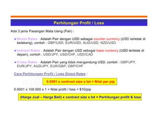 Perhitungan Profit / Loss
Ada 3 jenis Pasangan Mata Uang (Pair) :
Direct Rates : Adalah Pair dengan USD sebagai counter currency (USD terletak di
belakang), contoh : GBP/USD, EUR/USD, AUD/USD, NZD/USD
Indirect Rates : Adalah Pair dengan USD sebagai base currency (USD terletak di
depan), contoh : USD/JPY, USD/CHF, USD/CAD
Cross Rates : Adalah Pair yang tidak mengandung USD, contoh : GBP/JPY,
EUR/JPY, AUD/JPY, EUR/GBP, GBP/CHF
Cara Perhitungan Profit / Loss Direct Rates :
0.0001 x contract size x lot = Nilai per pip
0.0001 x 100.000 x 1 = Nilai profit / loss = $10/pip
(Harga Jual – Harga Beli) x contract size x lot = Perhitungan profit & loss
 