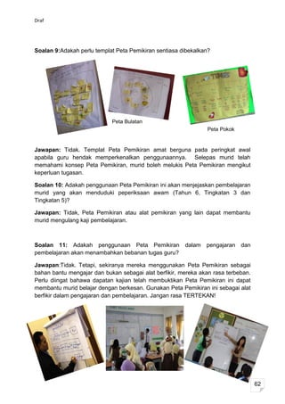 Draf




Soalan 9:Adakah perlu templat Peta Pemikiran sentiasa dibekalkan?




                            Peta Bulatan
                                                                Peta Pokok


Jawapan: Tidak. Templat Peta Pemikiran amat berguna pada peringkat awal
apabila guru hendak memperkenalkan penggunaannya. Selepas murid telah
memahami konsep Peta Pemikiran, murid boleh melukis Peta Pemikiran mengikut
keperluan tugasan.

Soalan 10: Adakah penggunaan Peta Pemikiran ini akan menjejaskan pembelajaran
murid yang akan menduduki peperiksaan awam (Tahun 6, Tingkatan 3 dan
Tingkatan 5)?

Jawapan: Tidak, Peta Pemikiran atau alat pemikiran yang lain dapat membantu
murid mengulang kaji pembelajaran.



Soalan 11: Adakah penggunaan Peta Pemikiran            dalam pengajaran      dan
pembelajaran akan menambahkan bebanan tugas guru?

Jawapan:Tidak. Tetapi, sekiranya mereka menggunakan Peta Pemikiran sebagai
bahan bantu mengajar dan bukan sebagai alat berfikir, mereka akan rasa terbeban.
Perlu diingat bahawa dapatan kajian telah membuktikan Peta Pemikiran ini dapat
membantu murid belajar dengan berkesan. Gunakan Peta Pemikiran ini sebagai alat
berfikir dalam pengajaran dan pembelajaran. Jangan rasa TERTEKAN!




                                                                                   62
 