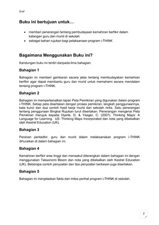 Draf


Buku ini bertujuan untuk…

       memberi penerangan tentang pembudayaan kemahiran berfikir dalam
       kalangan guru dan murid di sekolah
       sebagai bahan rujukan bagi pelaksanaan program i-THINK



Bagaimana Menggunakan Buku ini?
Kandungan buku ini terdiri daripada lima bahagian.

Bahagian 1
Bahagian ini memberi gambaran secara jelas tentang membudayakan kemahiran
berfikir agar dapat membantu guru dan murid untuk memahami secara mendalam
tentang program i-THINK.

Bahagian 2
Bahagian ini memperkenalkan lapan Peta Pemikiran yang digunakan dalam program
i-THINK. Setiap peta disertakan dengan proses pemikiran, langkah penggunaannya,
kata kunci dan dua contoh hasil kerja murid dari sekolah rintis. Satu penerangan
tentang penggunaan Bingkai Rujukan turut disertakan. Penerangan mengenai Peta
Pemikiran merujuk kepada Hyerle, D. & Yeager, C. (2007). Thinking Maps: A
Language for Learning. US: Thinking Maps Incorporated dan nota yang dibekalkan
oleh Kestrel Education (UK).

Bahagian 3
Peranan pentadbir, guru dan murid dalam melaksanakan program i-THINK
dihuraikan di dalam bahagian ini.

Bahagian 4
Kemahiran berfikir aras tinggi dan menaakul diterangkan dalam bahagian ini dengan
menggunakan Taksonomi Bloom dan nota yang dibekalkan oleh Kestrel Education
(UK). Beberapa contoh penyoalan dan tips penyoalan berkesan juga disertakan.

Bahagian 5
Bahagian ini menjelaskan fakta dan mitos perihal program i-THINK di sekolah.




                                                                                    7
 