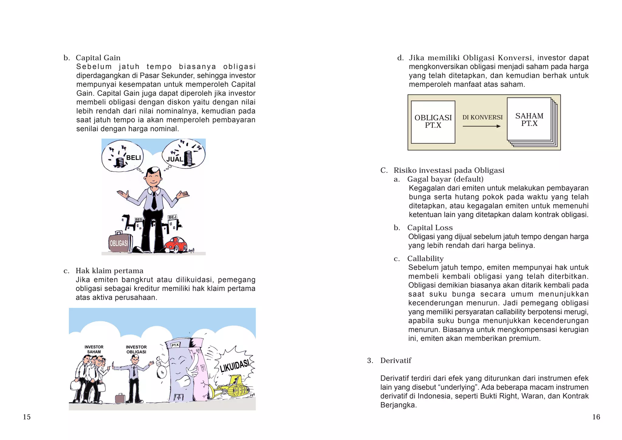 C. Risiko investasi pada Obligasi
a. Gagal bayar (default)
Kegagalan dari emiten untuk melakukan pembayaran
bunga serta hutang pokok pada waktu yang telah
ditetapkan, atau kegagalan emiten untuk memenuhi
ketentuan lain yang ditetapkan dalam kontrak obligasi.
b. Capital Loss
Obligasi yang dijual sebelum jatuh tempo dengan harga
yang lebih rendah dari harga belinya.
c. Callability
Sebelum jatuh tempo, emiten mempunyai hak untuk
membeli kembali obligasi yang telah diterbitkan.
Obligasi demikian biasanya akan ditarik kembali pada
saat suku bunga secara umum menunjukkan
kecenderungan menurun. Jadi pemegang obligasi
yang memiliki persyaratan callability berpotensi merugi,
apabila suku bunga menunjukkan kecenderungan
menurun. Biasanya untuk mengkompensasi kerugian
ini, emiten akan memberikan premium.
3. Derivatif
Derivatif terdiri dari efek yang diturunkan dari instrumen efek
lain yang disebut “underlying”. Ada beberapa macam instrumen
derivatif di Indonesia, seperti Bukti Right, Waran, dan Kontrak
Berjangka.
b. Capital Gain
Sebelum jatuh tempo biasanya obligasi
diperdagangkan di Pasar Sekunder, sehingga investor
mempunyai kesempatan untuk memperoleh Capital
Gain. Capital Gain juga dapat diperoleh jika investor
membeli obligasi dengan diskon yaitu dengan nilai
lebih rendah dari nilai nominalnya, kemudian pada
saat jatuh tempo ia akan memperoleh pembayaran
senilai dengan harga nominal.
c. Hak klaim pertama
Jika emiten bangkrut atau dilikuidasi, pemegang
obligasi sebagai kreditur memiliki hak klaim pertama
atas aktiva perusahaan.
OBLIGASI
PT.X
SAHAM
PT.X
DI KONVERSI
d. Jika memiliki Obligasi Konversi, investor dapat
mengkonversikan obligasi menjadi saham pada harga
yang telah ditetapkan, dan kemudian berhak untuk
memperoleh manfaat atas saham.
15 16
 