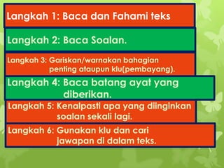 Langkah 1: Baca dan Fahami teks
Langkah 2: Baca Soalan.
Langkah 3: Gariskan/warnakan bahagian
penting ataupun klu(pembayang).
Langkah 4: Baca batang ayat yang
diberikan.
Langkah 5: Kenalpasti apa yang diinginkan
soalan sekali lagi.
Langkah 6: Gunakan klu dan cari
jawapan di dalam teks.
 