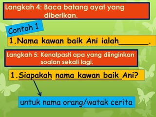 Langkah 4: Baca batang ayat yang
diberikan.
1.Nama kawan baik Ani ialah______.
Langkah 5: Kenalpasti apa yang diinginkan
soalan sekali lagi.
1.Siapakah nama kawan baik Ani?
untuk nama orang/watak cerita
 