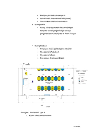 • Penayangan video pembelajaran
• Latihan mata pelajaran interaktif (online)
• Simulasi kasus berbasis multimedia
 Ruang Server
• Ruang server digunakan untuk menyimpan
komputer server yang berfungsi sebagai
pengendali seluruh komputer di dalam ruangan
 Ruang Produksi
• Penyiapan media pembelajaran interaktif
• Operasional eAudioBook
• Operasional eBook
• Penyediaan Ensiklopedi Digital
• Type B
Perangkat Laboratorium Type B
o 40 unit komputer Workstation
20 dari 43
 