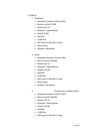 c.) Type C
1. Workstation
• Kecepatan processor minimum 2Ghz
• Memori minimal 512 MB
• Monitor LCD 15”
• Keyboard + Optical Mouse
• Hardisk 80 GB
• DVD RW
• 4 USB Port
• WIFI Card 2.4 GHz 802.11 a/b/g
• Web Camera
• Headset + Microphone
2. Server
• Kecepatan processor minimum 3Ghz
• Memori minimal 1024 MB
• Monitor LCD 15”
• Keyboard + Optical Mouse
• Hardisk 120 GB
• DVD RW
• 4 USB Port
• WIFI Card 2.4 GHz 802.11 a/b/g
• Web Camera
• Headset + Microphone
3. Komputer Guru / Master Control
• Kecepatan processor minimum 3Ghz
• Memori minimal 1024 MB
• Monitor LCD 15”
• Keyboard + Optical Mouse
• Hardisk 120 GB
• DVD RW
• 4 USB Port
• WIFI Card 2.4 GHz 802.11 a/b/g
28 dari 43
 