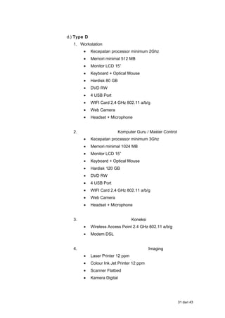 d.) Type D
1. Workstation
• Kecepatan processor minimum 2Ghz
• Memori minimal 512 MB
• Monitor LCD 15”
• Keyboard + Optical Mouse
• Hardisk 80 GB
• DVD RW
• 4 USB Port
• WIFI Card 2.4 GHz 802.11 a/b/g
• Web Camera
• Headset + Microphone
2. Komputer Guru / Master Control
• Kecepatan processor minimum 3Ghz
• Memori minimal 1024 MB
• Monitor LCD 15”
• Keyboard + Optical Mouse
• Hardisk 120 GB
• DVD RW
• 4 USB Port
• WIFI Card 2.4 GHz 802.11 a/b/g
• Web Camera
• Headset + Microphone
3. Koneksi
• Wireless Access Point 2.4 GHz 802.11 a/b/g
• Modem DSL
4. Imaging
• Laser Printer 12 ppm
• Colour Ink Jet Printer 12 ppm
• Scanner Flatbed
• Kamera Digital
31 dari 43
 