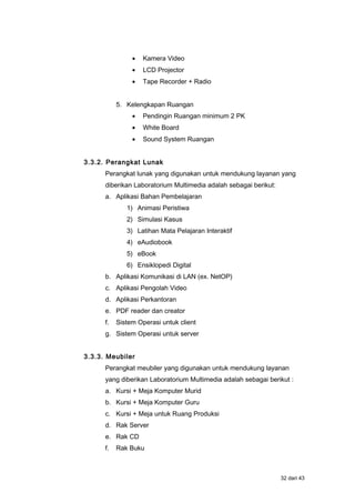 • Kamera Video
• LCD Projector
• Tape Recorder + Radio
5. Kelengkapan Ruangan
• Pendingin Ruangan minimum 2 PK
• White Board
• Sound System Ruangan
3.3.2. Perangkat Lunak
Perangkat lunak yang digunakan untuk mendukung layanan yang
diberikan Laboratorium Multimedia adalah sebagai berikut:
a. Aplikasi Bahan Pembelajaran
1) Animasi Peristiwa
2) Simulasi Kasus
3) Latihan Mata Pelajaran Interaktif
4) eAudiobook
5) eBook
6) Ensiklopedi Digital
b. Aplikasi Komunikasi di LAN (ex. NetOP)
c. Aplikasi Pengolah Video
d. Aplikasi Perkantoran
e. PDF reader dan creator
f. Sistem Operasi untuk client
g. Sistem Operasi untuk server
3.3.3. Meubiler
Perangkat meubiler yang digunakan untuk mendukung layanan
yang diberikan Laboratorium Multimedia adalah sebagai berikut :
a. Kursi + Meja Komputer Murid
b. Kursi + Meja Komputer Guru
c. Kursi + Meja untuk Ruang Produksi
d. Rak Server
e. Rak CD
f. Rak Buku
32 dari 43
 