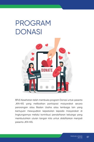 PROGRAM
DONASI
BPJS Kesehatan telah membuka program Donasi untuk peserta
JKN-KIS yang melibatkan partisipasi masyarakat secara
perorangan atau Badan Usaha atau lembaga lain yang
bertujuan mewujudkan kepedulian kepada masyarakat di
lingkungannya melalui kontribusi pendaftaran keluarga yang
membutuhkan uluran tangan kita untuk didaftarkan menjadi
peserta JKN-KIS.
87
PANDUAN LAYANAN
JKN-KIS
 