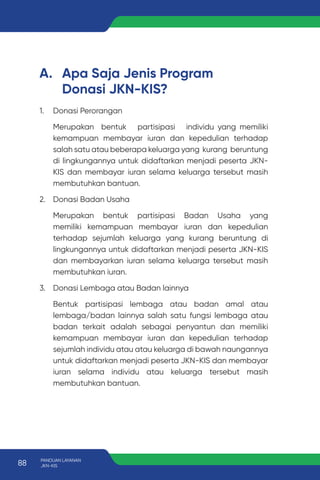 1. Donasi Perorangan
Merupakan bentuk partisipasi individu yang memiliki
kemampuan membayar iuran dan kepedulian terhadap
salah satu atau beberapa keluarga yang kurang beruntung
di lingkungannya untuk didaftarkan menjadi peserta JKN-
KIS dan membayar iuran selama keluarga tersebut masih
membutuhkan bantuan.
2. Donasi Badan Usaha
Merupakan bentuk partisipasi Badan Usaha yang
memiliki kemampuan membayar iuran dan kepedulian
terhadap sejumlah keluarga yang kurang beruntung di
lingkungannya untuk didaftarkan menjadi peserta JKN-KIS
dan membayarkan iuran selama keluarga tersebut masih
membutuhkan iuran.
3. Donasi Lembaga atau Badan lainnya
Bentuk partisipasi lembaga atau badan amal atau
lembaga/badan lainnya salah satu fungsi lembaga atau
badan terkait adalah sebagai penyantun dan memiliki
kemampuan membayar iuran dan kepedulian terhadap
sejumlah individu atau atau keluarga di bawah naungannya
untuk didaftarkan menjadi peserta JKN-KIS dan membayar
iuran selama individu atau keluarga tersebut masih
membutuhkan bantuan.
A. Apa Saja Jenis Program
Donasi JKN-KIS?
88 PANDUAN LAYANAN
JKN-KIS
 