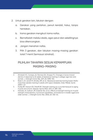 2. Untuk gerakan lain, lakukan dengan:
a. Gerakan yang perlahan, penuh kendali, halus, tanpa
hentakan.
b. Irama gerakan mengikuti irama nafas.
c. Bernafaslah melalui dada, agar perut dan sekelilingnya
bisa dikencangkan.
d. Jangan menahan nafas.
3. Pilih 3 gerakan, dan lakukan masing-masing gerakan
total 7 menit (termasuk istirahat).
PILIHLAH TAHAPAN SESUAI KEMAMPUAN
MASING-MASING
3 Almstedt HC, Canepa JA, Ramirez DA, Shoepe TC. Changes in bone mineral
density in response to 24 weeks of resistance training in college-age men and
women. J. Strength Cond. Res. 2011; 25: 1098–103.
4 Bweir S, Al-Jarrah M, Almalty AM, et al.. Resistance exercise training lowers HbA1c
more than aerobic training in adults with type 2 diabetes. Diab. Metab. Syndr.
2009; 1: 27.
5 Hurley BF, Hanson ED, Sheaff AK. Strength training as a countermeasure to aging
muscle and chronic disease. Sports Med. 2011; 41: 289–306.
6 Holviala JH, Sullivan JM, Kraemer WJ, et al.. Effects of strength training on muscle
strength characteristics, functional capabilities, and balance in middle-aged and
older women. J. Strength Cond. Res. 2006; 20: 336–44.
96 PANDUAN LAYANAN
JKN-KIS
 