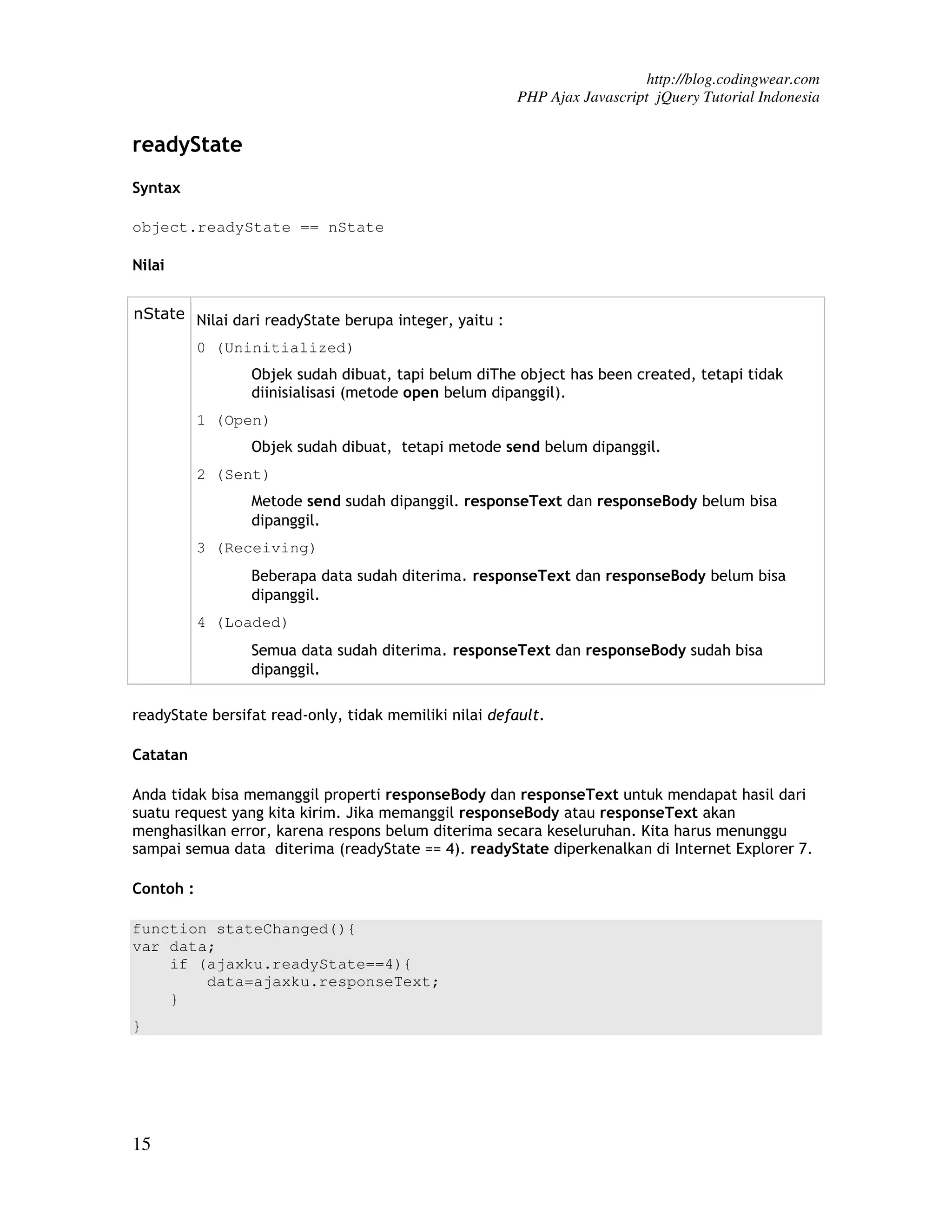 http://blog.codingwear.com PHP Ajax Javascript jQuery Tutorial Indonesia readyState Syntax object.readyState == nState Nilai nState Nilai dari readyState berupa integer, yaitu : 0 (Uninitialized) Objek sudah dibuat, tapi belum diThe object has been created, tetapi tidak diinisialisasi (metode open belum dipanggil). 1 (Open) Objek sudah dibuat, tetapi metode send belum dipanggil. 2 (Sent) Metode send sudah dipanggil. responseText dan responseBody belum bisa dipanggil. 3 (Receiving) Beberapa data sudah diterima. responseText dan responseBody belum bisa dipanggil. 4 (Loaded) Semua data sudah diterima. responseText dan responseBody sudah bisa dipanggil. readyState bersifat read-only, tidak memiliki nilai default. Catatan Anda tidak bisa memanggil properti responseBody dan responseText untuk mendapat hasil dari suatu request yang kita kirim. Jika memanggil responseBody atau responseText akan menghasilkan error, karena respons belum diterima secara keseluruhan. Kita harus menunggu sampai semua data diterima (readyState == 4). readyState diperkenalkan di Internet Explorer 7. Contoh : function stateChanged(){ var data; if (ajaxku.readyState==4){ data=ajaxku.responseText; } } 15 