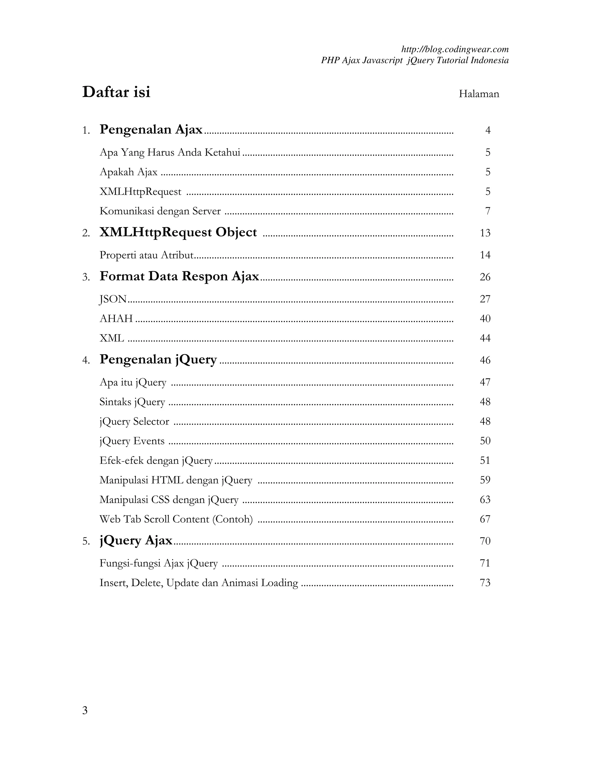 http://blog.codingwear.com PHP Ajax Javascript jQuery Tutorial Indonesia Daftar isi Halaman 1. Pengenalan Ajax .................................................................................................. 4 Apa Yang Harus Anda Ketahui ................................................................................... 5 Apakah Ajax ................................................................................................................... 5 XMLHttpRequest ......................................................................................................... 5 Komunikasi dengan Server .......................................................................................... 7 2. XMLHttpRequest Object ........................................................................... 13 Properti atau Atribut...................................................................................................... 14 3. Format Data Respon Ajax ............................................................................ 26 JSON ................................................................................................................................ 27 AHAH ............................................................................................................................. 40 XML ................................................................................................................................ 44 4. Pengenalan jQuery ............................................................................................ 46 Apa itu jQuery ............................................................................................................... 47 Sintaks jQuery ................................................................................................................ 48 jQuery Selector .............................................................................................................. 48 jQuery Events ................................................................................................................ 50 Efek-efek dengan jQuery .............................................................................................. 51 Manipulasi HTML dengan jQuery ............................................................................. 59 Manipulasi CSS dengan jQuery ................................................................................... 63 Web Tab Scroll Content (Contoh) ............................................................................. 67 5. jQuery Ajax .............................................................................................................. 70 Fungsi-fungsi Ajax jQuery ........................................................................................... 71 Insert, Delete, Update dan Animasi Loading ............................................................ 73 3 