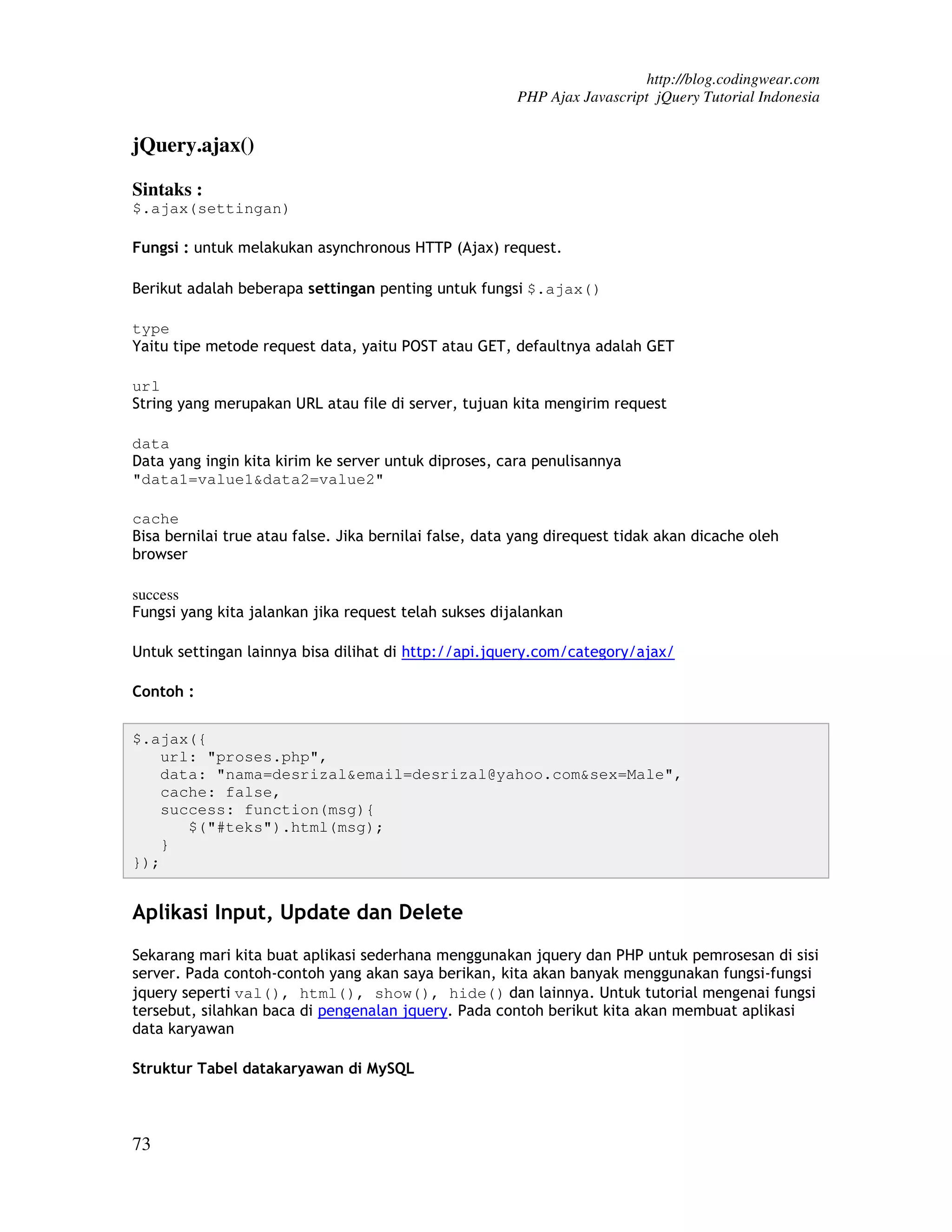 http://blog.codingwear.com PHP Ajax Javascript jQuery Tutorial Indonesia jQuery.ajax() Sintaks : $.ajax(settingan) Fungsi : untuk melakukan asynchronous HTTP (Ajax) request. Berikut adalah beberapa settingan penting untuk fungsi $.ajax() type Yaitu tipe metode request data, yaitu POST atau GET, defaultnya adalah GET url String yang merupakan URL atau file di server, tujuan kita mengirim request data Data yang ingin kita kirim ke server untuk diproses, cara penulisannya "data1=value1&data2=value2" cache Bisa bernilai true atau false. Jika bernilai false, data yang direquest tidak akan dicache oleh browser success Fungsi yang kita jalankan jika request telah sukses dijalankan Untuk settingan lainnya bisa dilihat di http://api.jquery.com/category/ajax/ Contoh : $.ajax({ url: "proses.php", data: "nama=desrizal&email=desrizal@yahoo.com&sex=Male", cache: false, success: function(msg){ $("#teks").html(msg); } }); Aplikasi Input, Update dan Delete Sekarang mari kita buat aplikasi sederhana menggunakan jquery dan PHP untuk pemrosesan di sisi server. Pada contoh-contoh yang akan saya berikan, kita akan banyak menggunakan fungsi-fungsi jquery seperti val(), html(), show(), hide() dan lainnya. Untuk tutorial mengenai fungsi tersebut, silahkan baca di pengenalan jquery. Pada contoh berikut kita akan membuat aplikasi data karyawan Struktur Tabel datakaryawan di MySQL 73 
