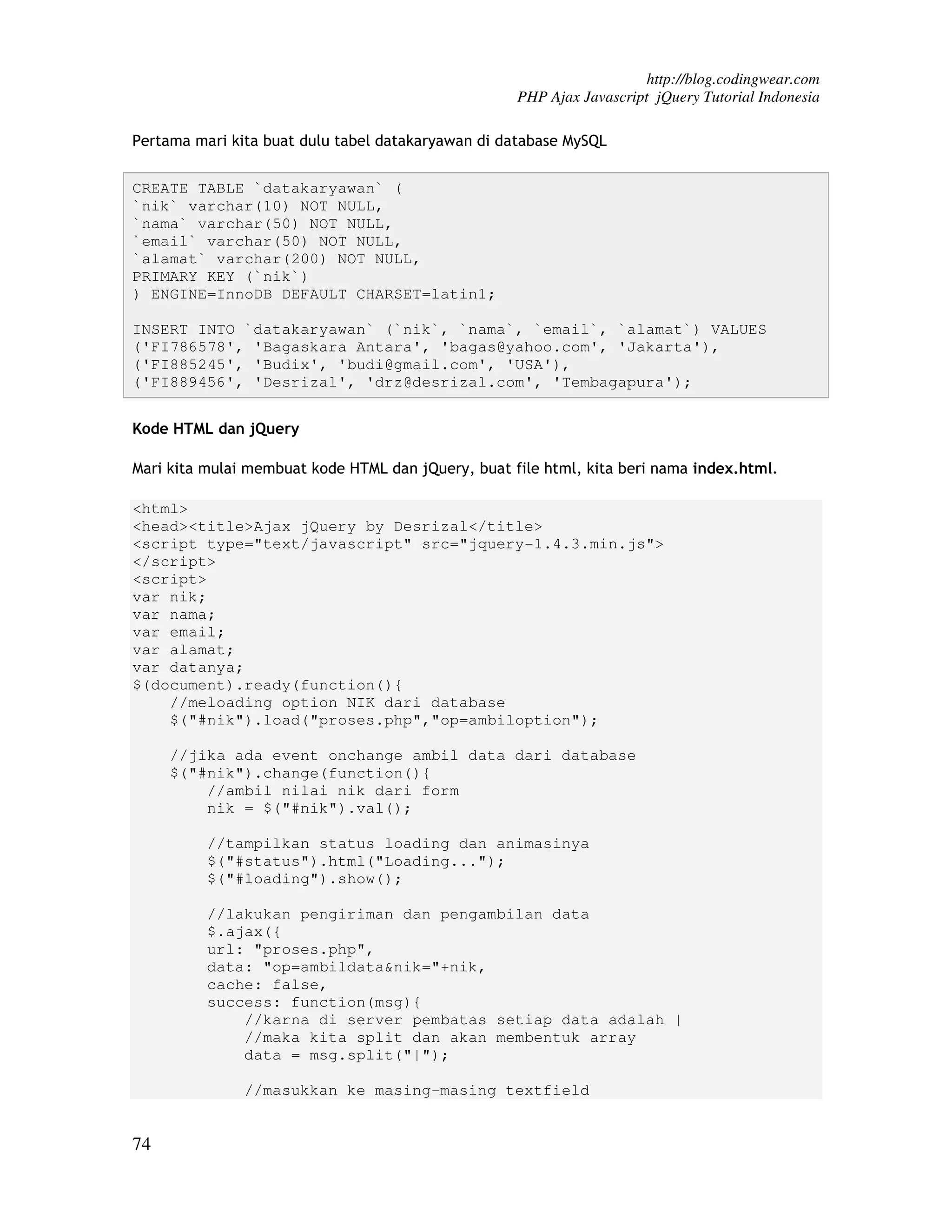 http://blog.codingwear.com PHP Ajax Javascript jQuery Tutorial Indonesia Pertama mari kita buat dulu tabel datakaryawan di database MySQL CREATE TABLE `datakaryawan` ( `nik` varchar(10) NOT NULL, `nama` varchar(50) NOT NULL, `email` varchar(50) NOT NULL, `alamat` varchar(200) NOT NULL, PRIMARY KEY (`nik`) ) ENGINE=InnoDB DEFAULT CHARSET=latin1; INSERT INTO `datakaryawan` (`nik`, `nama`, `email`, `alamat`) VALUES ('FI786578', 'Bagaskara Antara', 'bagas@yahoo.com', 'Jakarta'), ('FI885245', 'Budix', 'budi@gmail.com', 'USA'), ('FI889456', 'Desrizal', 'drz@desrizal.com', 'Tembagapura'); Kode HTML dan jQuery Mari kita mulai membuat kode HTML dan jQuery, buat file html, kita beri nama index.html. <html> <head><title>Ajax jQuery by Desrizal</title> <script type="text/javascript" src="jquery-1.4.3.min.js"> </script> <script> var nik; var nama; var email; var alamat; var datanya; $(document).ready(function(){ //meloading option NIK dari database $("#nik").load("proses.php","op=ambiloption"); //jika ada event onchange ambil data dari database $("#nik").change(function(){ //ambil nilai nik dari form nik = $("#nik").val(); //tampilkan status loading dan animasinya $("#status").html("Loading..."); $("#loading").show(); //lakukan pengiriman dan pengambilan data $.ajax({ url: "proses.php", data: "op=ambildata&nik="+nik, cache: false, success: function(msg){ //karna di server pembatas setiap data adalah | //maka kita split dan akan membentuk array data = msg.split("|"); //masukkan ke masing-masing textfield 74 