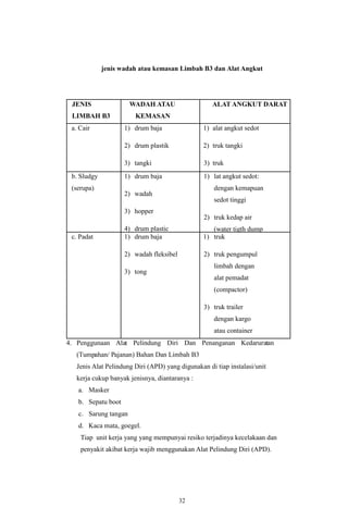 32
jenis wadah atau kemasan Limbah B3 dan Alat Angkut
JENIS
LIMBAH B3
WADAH ATAU
KEMASAN
ALAT ANGKUT DARAT
a. Cair 1) drum baja
2) drum plastik
3) tangki
1) alat angkut sedot
2) truk tangki
3) truk
kargo:
dengan
pengan
gkat
atau
crane
b. Sludgy
(serupa)
1) drum baja
2) wadah
3) hopper
4) drum plastic
5) tangki
1) lat angkut sedot:
dengan kemapuan
sedot tinggi
2) truk kedap air
(water tigth dump
truck)
3) truk kargo: dengan
4) pengangkat atau crane
c. Padat 1) drum baja
2) wadah fleksibel
3) tong
1) truk
2) truk pengumpul
limbah dengan
alat pemadat
(compactor)
3) truk trailer
dengan kargo
atau container
yang dapat
dilepas
4) truk
kargo:
dengan
pengan
gkat
atau
crane
5) truk van dengan
pengangkat
6) (lifter)
4. Penggunaan Alat Pelindung Diri Dan Penanganan Kedaruratan
(Tumpahan/ Pajanan) Bahan Dan Limbah B3
Jenis Alat Pelindung Diri (APD) yang digunakan di tiap instalasi/unit
kerja cukup banyak jenisnya, diantaranya :
a. Masker
b. Sepatu boot
c. Sarung tangan
d. Kaca mata, goegel.
Tiap unit kerja yang yang mempunyai resiko terjadinya kecelakaan dan
penyakit akibat kerja wajib menggunakan Alat Pelindung Diri (APD).
 