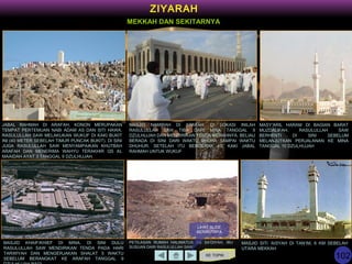 KE TOPIK
ZIYARAH
MEKKAH DAN SEKITARNYA
JABAL RAHMAH DI ARAFAH, KONON MERUPAKAN
TEMPAT PERTEMUAN NABI ADAM AS DAN SITI HAWA.
RASULULLAH SAW MELAKUKAN WUKUF DI KAKI BUKIT
INI (40 METER SEBELAH TIMUR PUNCAK BUKIT). DI SINI
JUGA RASULULLAH SAW MENYAMPAIKAN KHUTBAH
ARAFAH DAN MENERIMA WAHYU TERAKHIR QS AL
MAAIDAH AYAT 3 TANGGAL 9 DZULHIJJAH.
MASJID NAMIRAH DI ARAFAH, DI LOKASI INILAH
RASULULLAH SAW TIBA DARI MINA TANGGAL 9
DZULHIJJAH DAN MENDIRIKAN TENDA MERAHNYA. BELIAU
BERADA DI SINI DARI WAKTU DHUHA SAMPAI WAKTU
DHUHUR. SETELAH ITU BERGERAK KE KAKI JABAL
RAHMAH UNTUK WUKUF
MASY’ARIL HARAM DI BAGIAN BARAT
MUZDALIFAH. RASULULLAH SAW
BERHENTI DI SINI SEBELUM
MELANJUTKAN PERJALANAN KE MINA
TANGGAL 10 DZULHIJJAH
MASJID KHAIF/KHIEF DI MINA. DI SINI DULU
RASULULLAH SAW MENDIRIKAN TENDA PADA HARI
TARWIYAH DAN MENGERJAKAN SHALAT 5 WAKTU
SEBELUM BERANGKAT KE ARAFAH TANGGAL 9
PETILASAN RUMAH HALIMATUS AS SA’DIYAH, IBU
SUSUAN DARI RASULULLAH SAW
LIHAT SLIDE
BERIKUTNYA
MASJID SITI ‘AISYAH DI TAN’IM, 6 KM SEBELAH
UTARA MEKKAH
102
 