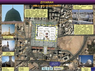 103KE TOPIK
LIHAT SLIDE
BERIKUTNYA
ZIYARAH
MASJID NABAWI SEKITARNYA
JANNATUL BAQI (MAKAM
BAQI). DI SINI DIMAKAMKAN
KELUARGA DAN PARA
SAHABAT RASULULLAH SAW
SERTA SEBAGIAN SYUHADA
ISLAM DALAM PERANG UHUD
MASJID NABAWI ATAU
MASJID NABI
KIBLAT
PASAR
KURMA
MASJID
GHAMAMA
MASJID
ABUBAKAR
MASJID ALI
KUBAH HIJAU (GREEN DOME). DI
BAWAH KUBAH INI TERDAPAT
MAKAM RASULULLAH DAN 2
SAHABATNYA (ABU BAKAR ASH-
SHIDIQ DAN UMAR IBN KHATTAB)
MASJID
UMAR
 